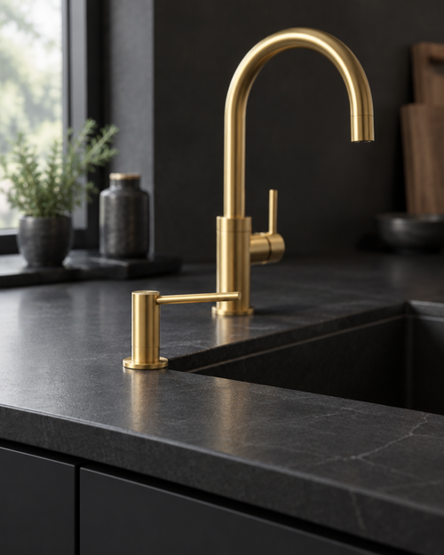UNITO sæbedispenser i guld monteret i køkken
